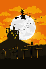 happy halloween card with haunted house and witch flying in cemetery