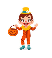 happy cute little kid boy and girl celebrate halloween wears clown costume