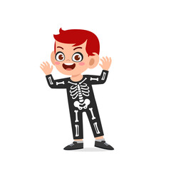 happy cute little kid boy and girl celebrate halloween wears skeleton costume