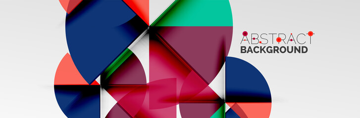 Bright color circles, abstract round shapes and triangles composition with shadow effects. Vector modern geometric design template