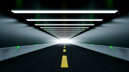 Underground Highway with an Yellow Line of Road Marking, 3D Render.
