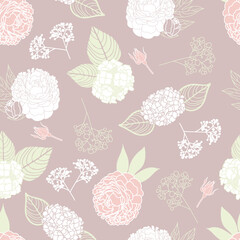 Vector neutral wedding flowers seamless repeat pattern background. Perfect for wallpaper, fabric, stationery, scrapbooking projects.