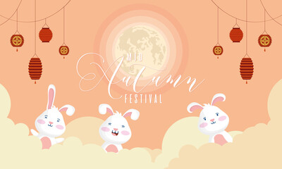 mid autumn festival poster with rabbits and lamps hanging