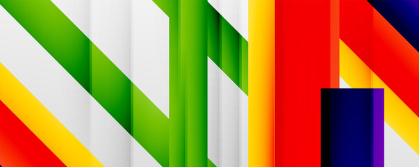 Geometric abstract backgrounds with shadow lines, modern forms, rectangles, squares and fluid gradients. Bright colorful stripes cool backdrops
