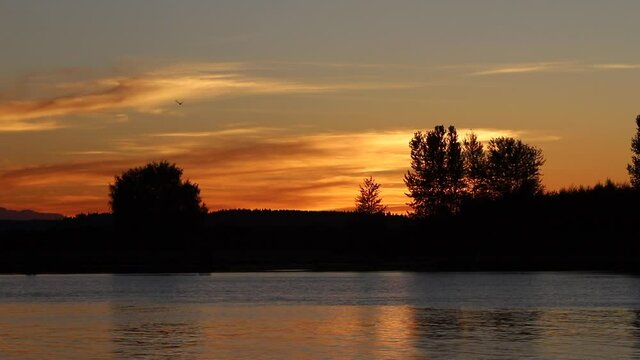 Summer Sunset over Jetty Island, Port Gardner Bay, Everett Washington. Silhouette of rower coming into docks.