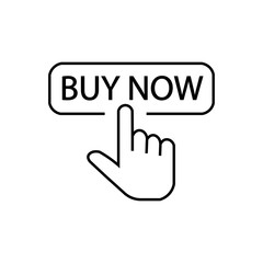 Icon of finger clicking on the inscription buy now. Vector illustration eps 10