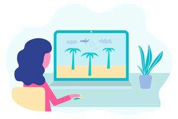 Booking online concept. Woman books a tour from a laptop. Travel air tickets and resort hotel website. Flight ticket or insurance reserve from distance for vacation holiday tourism. Vector in flat