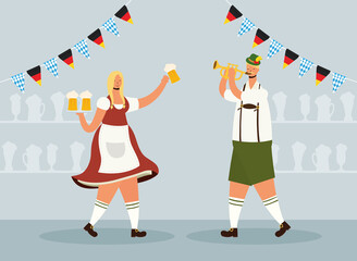 german couple wearing tyrolean suit drinking beers and playing trumpet