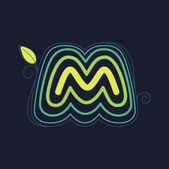 Obraz premium Green line M letter logo with swirl petals and leaf.