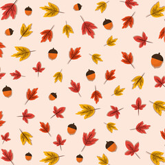 autumn yellow and orange leaves with acorns background vector design