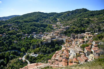 Fototapeta na wymiar Panoramic view of Castelmezzano, a village in the mountains of the Basilicata region, Italy.
