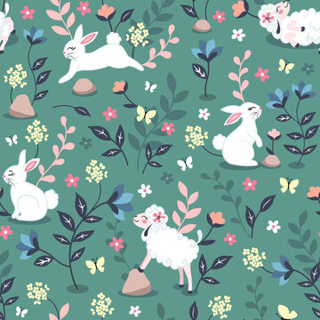 Happy little white bunnies and sheep in a colorful flower field on a green blue background. Seamless surface repeat vector pattern.