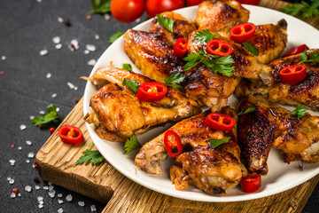 Grilled chicken wings with barbecue sauce.