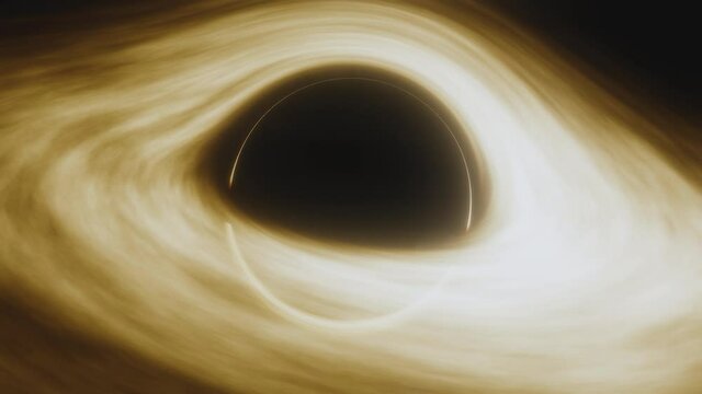 Animation of supermassive black hole. Accretion disk of matter on the event horizon of black hole. Space, light and time are distorted by strong gravity on the event horizon