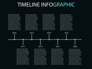 Infographic timeline template with points and years. Project development. Company procedure. Blue dots with metal edges.