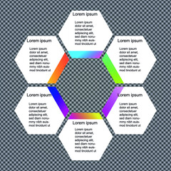 Infographics vector template with pentagons with colored stripes arranged in a circle. Suitable for using workflow planning or your business goals.