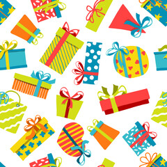 Gift boxes seamless vector pattern. Bright color hand drawing. Surprise, presents, vector background. Bright design of gift boxes for wrapping paper, postcards, websites, fabrics, design ideas