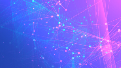 Naklejka na ściany i meble Abstract purple blue polygon tech network with connect technology background. Abstract dots and lines texture background. 3d rendering.