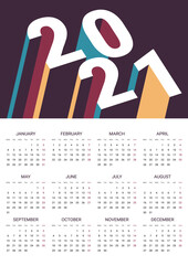 Calendar for 2021. Weeks start on Monday.
Trendy vector illustration for web and print.
