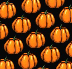  Orange halloween pumpkins on black background as autumn halloween pattern wallpaper bakground illustration       