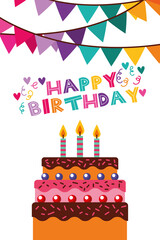 happy birthday card with garlands and cake scene