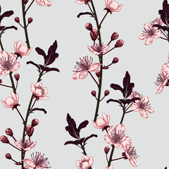 Naklejki  Bezszwowe wiosenne kwiatowe kwiaty wiśni z fioletowymi liśćmi na wzór tekstyliów i tkanin