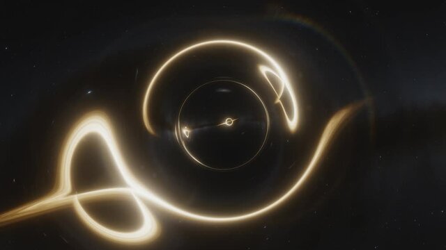 Animation of a wormhole next to a supermassive black hole with accretion disk. Space and time are deformed by strong gravity