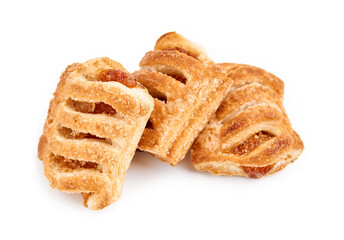 Fresh puff on the white background. Cookies from puff pastry with colored jam. Homemade baking. Dessert for tea. Croissant