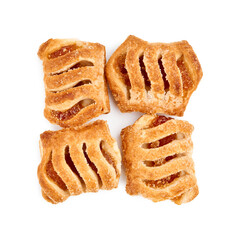 Fresh puff on the white background. Cookies from puff pastry with colored jam. Homemade baking. Dessert for tea. Croissant