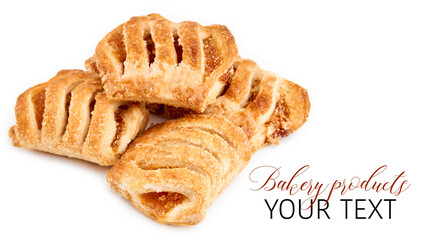 Fresh puff on the white background. Cookies from puff pastry with colored jam. Homemade baking. Dessert for tea. Croissant