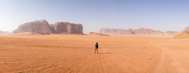 Dry orange desert landscapes in Wadi Rum, Jordan.
