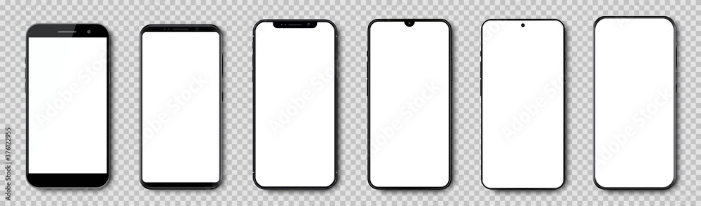 Poster Set high quality realistic trendy different black models smartphone with white empty touch screen, evolution of smartphones. Detailed mockup smartphone, model mobile - vector
