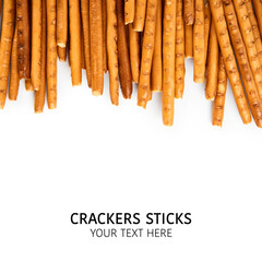Creative layout made of crackers sticks on the white background. Food concept. Edible snack dry sticks with salt on white background. Straws, sticks crackers.