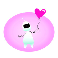 A cute cartoon robot girl looks at a pink heart-shaped balloon he is holding in his hand. vector illustration. Valentine's Day