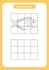 Copy the picture of fish - use the grid and example. Educational game for children. Handwriting and drawing practice. Vector illustration. Ocean theme activity for toddlers, kids.