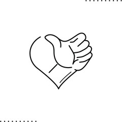 Favorite, heart shape thumbs up vector icon in outline