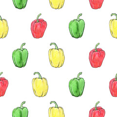 Vegetables is a collection of high-quality hand-drawn watercolor and line art seamless patterns with peppers.