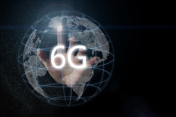 6G network digital hologram and internet of things on earth background.6G network wireless systems. 6G New generation telecommunication fast internet and technology concept on virtual screen.