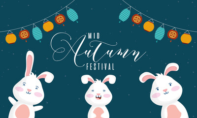 mid autumn festival poster with rabbits and lamps