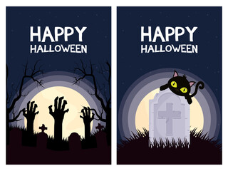 happy halloween card letterings with cat and hands deaths scenes