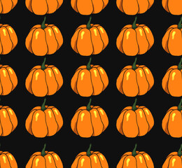 Orange halloween pumpkins on black background as autumn halloween seamless pattern wallpaper bakground illustration    