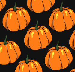 Orange halloween pumpkins on black background as autumn halloween  pattern wallpaper bakground illustration    