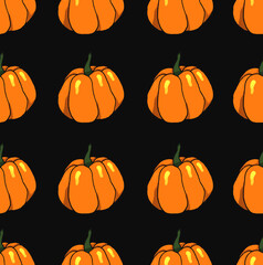 Orange halloween pumpkins on black background as autumn halloween seamless pattern wallpaper bakground illustration    