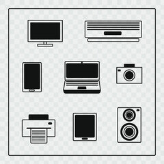 Set of vector isolated black icon - electronics. Icons laptop, TV, monitor, phone, mobile, tablet, column, air conditioner.
