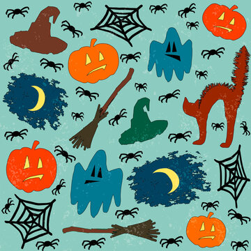 Hand drawn Halloween colorful elements in cartoon style on blue background. Vector Illustration for celebration with positive, fun image