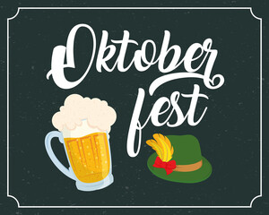 oktoberfest party lettering in poster with beer and tyrolean hat