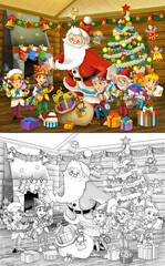 cartoon sketch scene with santa and dwarfs in the room illustration