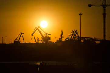 cranes on the docks in the sunset