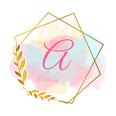 Wedding logo, elegant hand drawn, monogram logo, feminine badge. Elegant watercolor background logo and gold lines. A pretty badge or logo for a card branding and composition design concept.