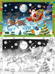 cartoon sketch scene with santa flying with reindeers - illustration